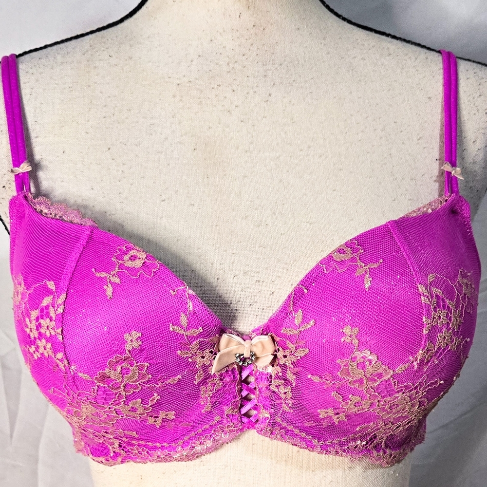 Victoria's Secret Padded Demi Bra Pushup Purple Metallic Gold Lace Bow Lingerie